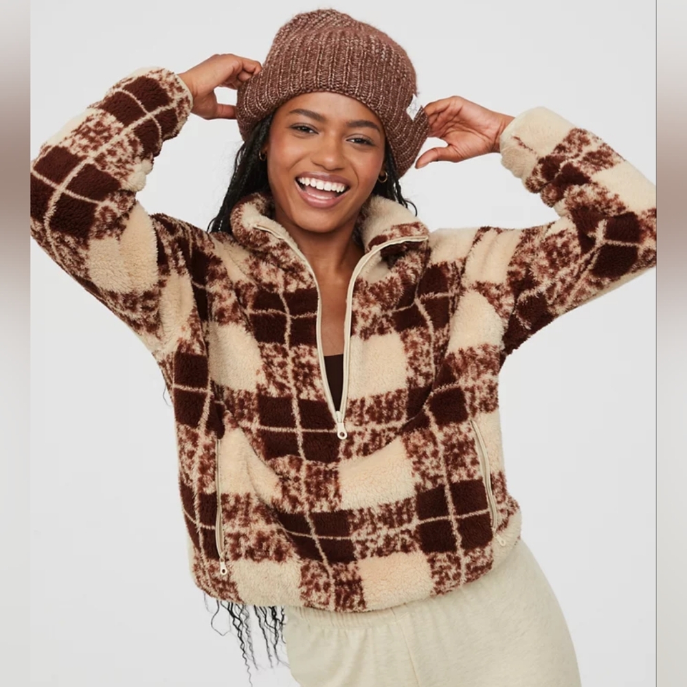 Aerie Offline Brown and Cream Checkered Sherpa Quarter Zip Jacket, Size Medium